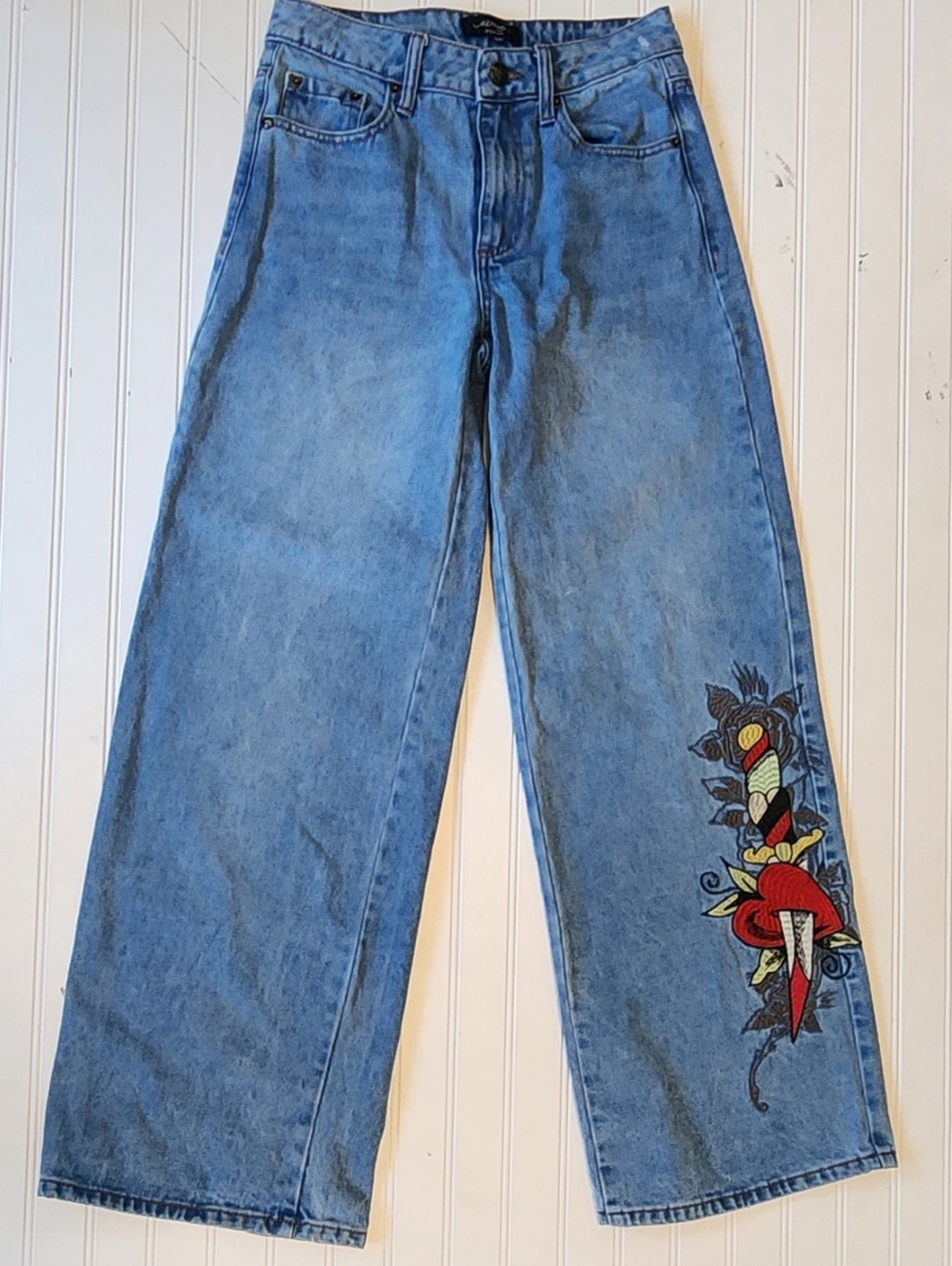 Ed Hardy Light Blue Relaxed Jeans with Embroidered Side Graphic